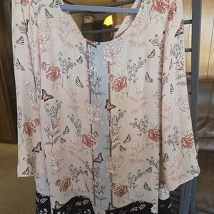 Rose & Olive Pink Floral Blouse with Black Accents